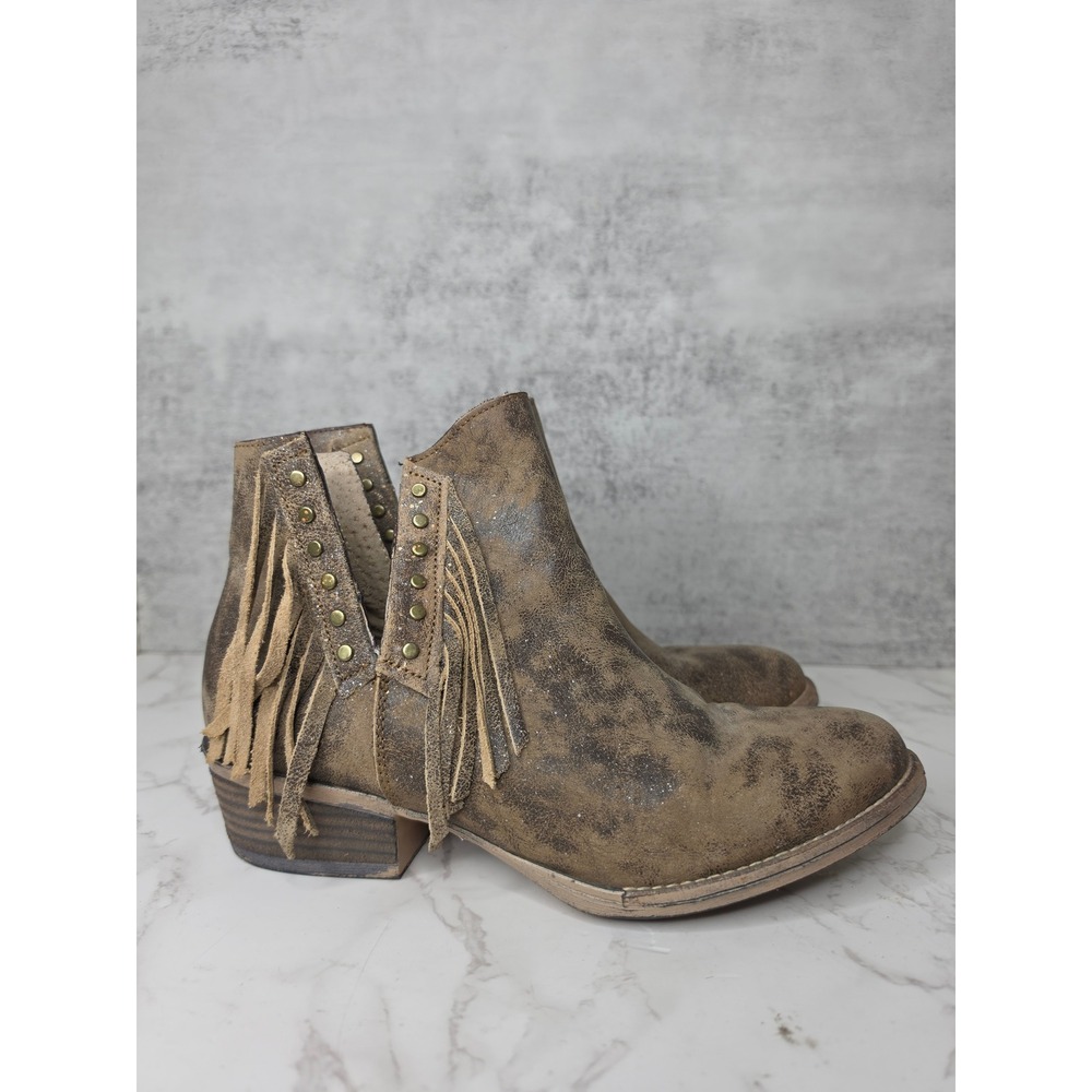 Circle G by Corral Fringe Studded Ankle Cowboy Boots Distressed Brown Gold 9.5